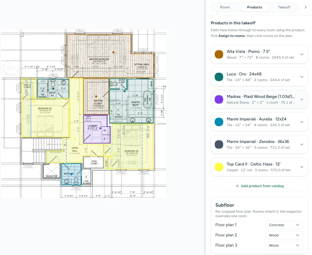 The FloorCore Measure editor: a traced floor plan with colour-coded rooms beside the product list for that takeoff.